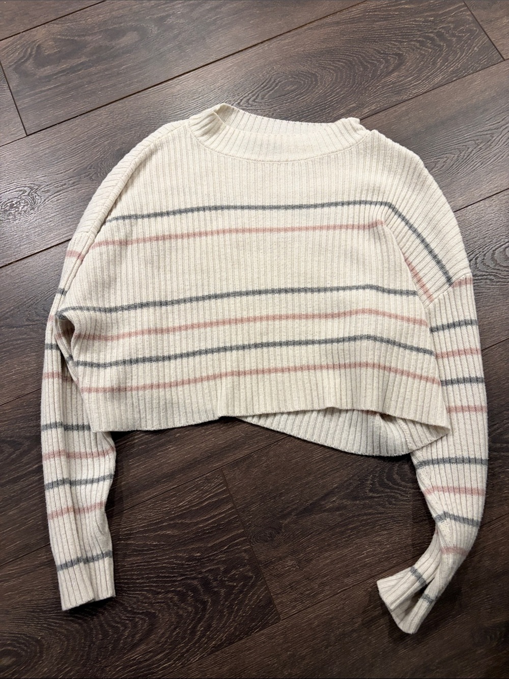 SHEIN Cream Ribbed Cropped Sweater with Pink and Gray Stripes